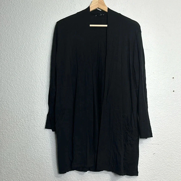Eileen Fisher Black Open Cardigan Long Sleeve Pockets Womens Size Medium - Picture 1 of 9